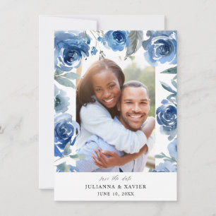 Save The Date Dusty Blue & Blue Floral Enregistrer La Date Photo