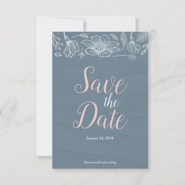 Save The Date Dusty Blue & Blush Flowers Mariage Enregistrer La  (Devant)