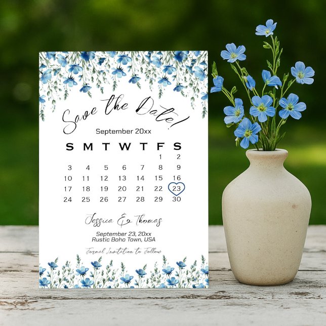 Save The Date Dusty Blue Boho Chic Fleur sauvage Calendrier Mari (Créateur téléchargé)