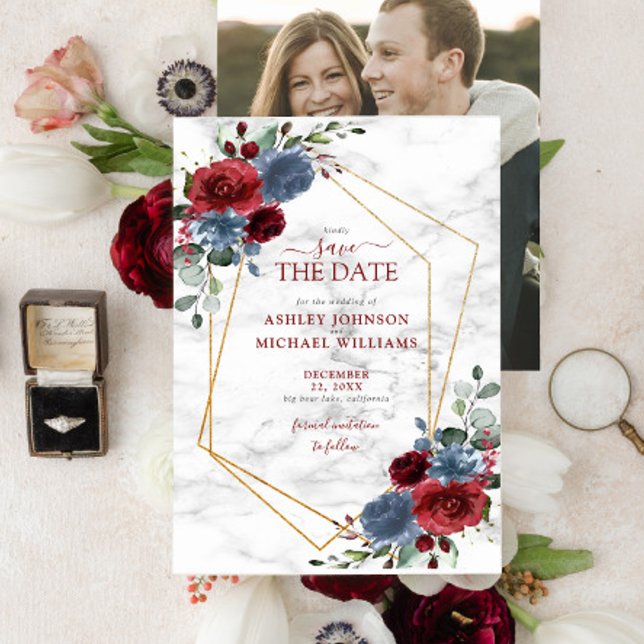 Save The Date Dusty Blue Burgundy Floral Photo Enregistrer la da (Créateur téléchargé)