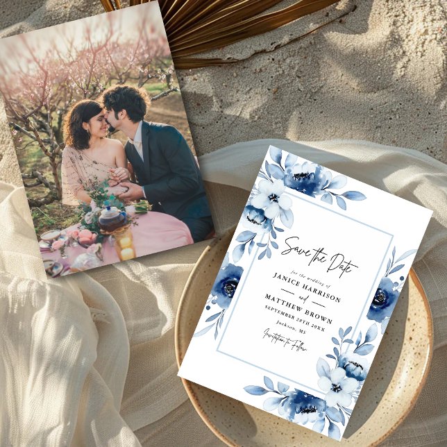 Save The Date Dusty Blue Champagne Ivory Floral Photo Mariage (Créateur téléchargé)