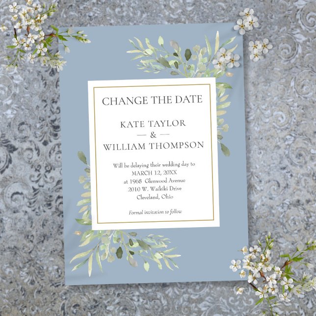 Save The Date Dusty Blue Changer la date Aquarelle Vert (Dusty Blue Change the Date Watercolor Greenery Save The Date)