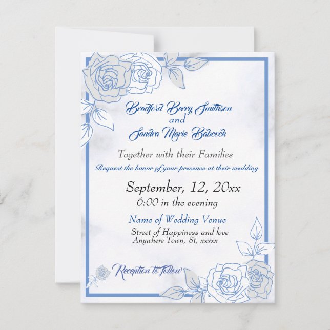 Save The Date Dusty Blue Elegant Blanc Gris Floral Mariage Coeur (Devant)