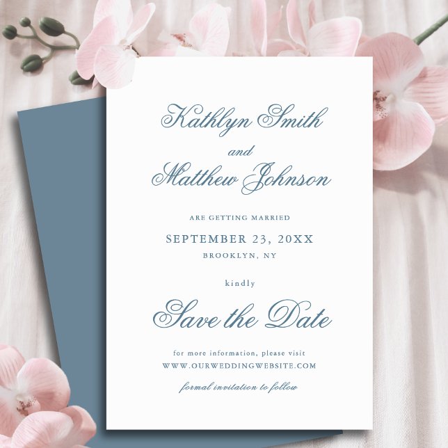 Save The Date Dusty Blue Elegant Classic Calligraphie Mariage (Créateur téléchargé)