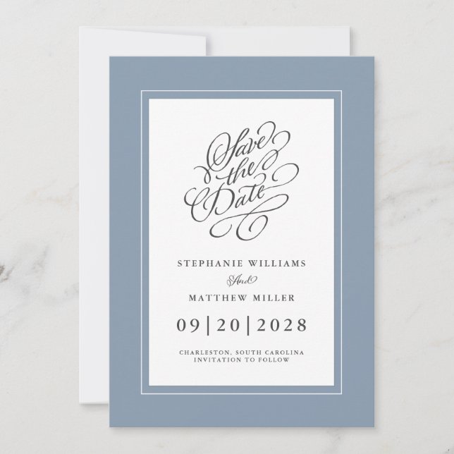 Save The Date Dusty Blue élégant mariage chic Script tendance (Devant)