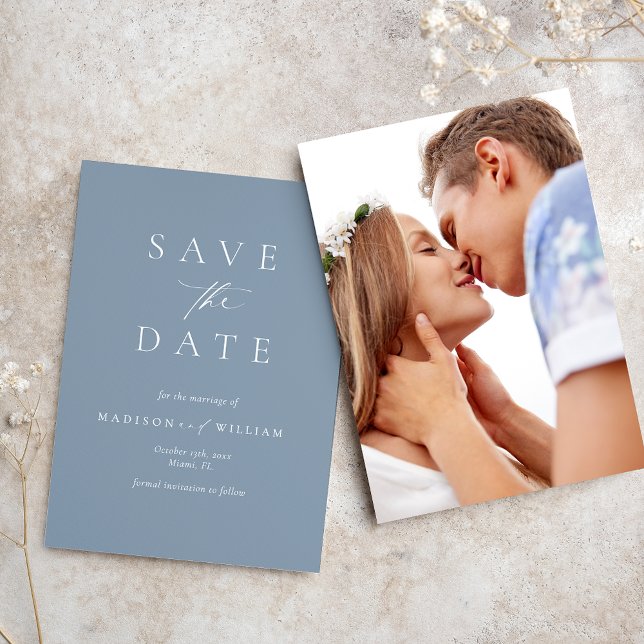 Save The Date Dusty Blue Elegant Photo Wedding Enregistrer La Da (Créateur téléchargé)