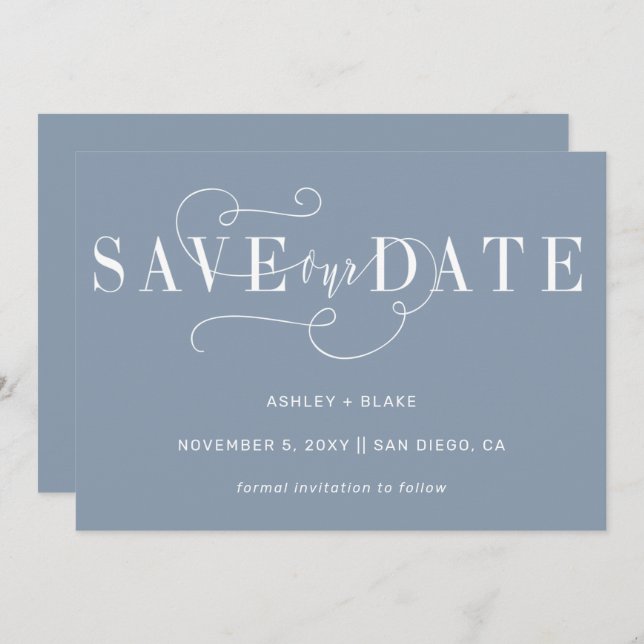 Save The Date Dusty Blue Elegant Simple Calligraphie manuscrite (Devant / Derrière)