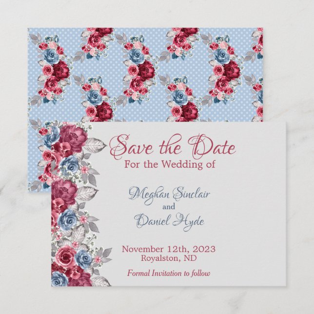 Save The Date Dusty Blue et Deep Burgundy Floral Enregistrer la  (Devant / Derrière)