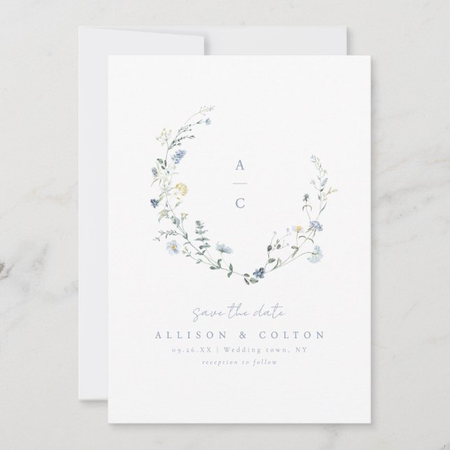 Save The Date Dusty Blue Fleur sauvage Rustic Boho Mariage monog (Devant)