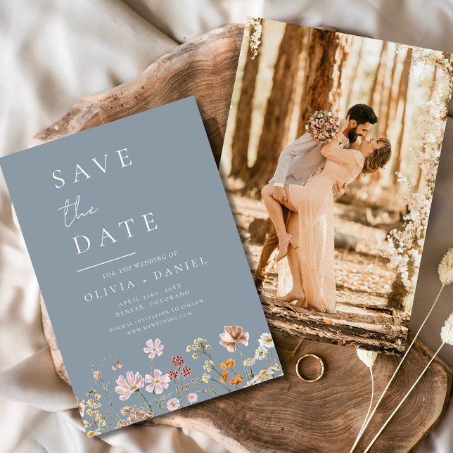 Save The Date Dusty Blue Fleurs sauvages Photo Boho Enregistrer  (Créateur téléchargé)