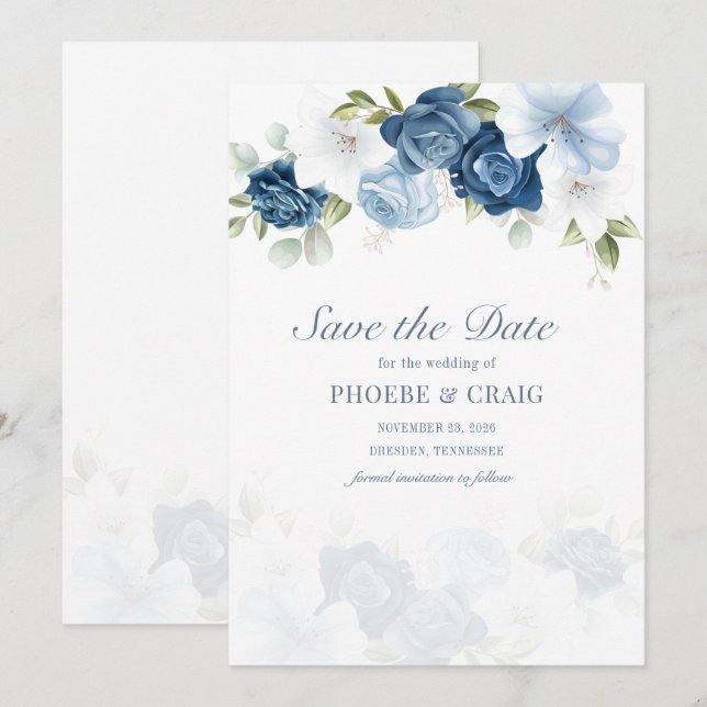 Save The Date Dusty Blue Floral Bloom Eucalyptus Succulent (Devant / Derrière)