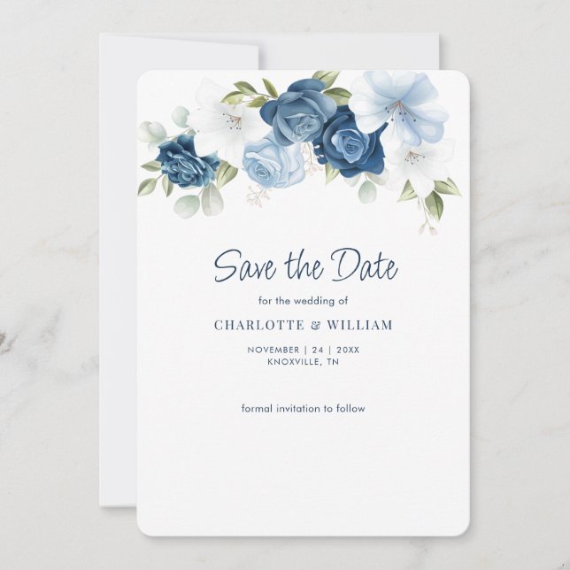 Save The Date Dusty Blue Floral Élégant Mariage de fleurs (Devant)