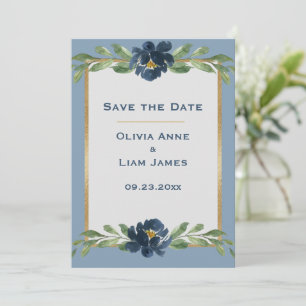 Save The Date Dusty Blue Floral Élégant Mariage or
