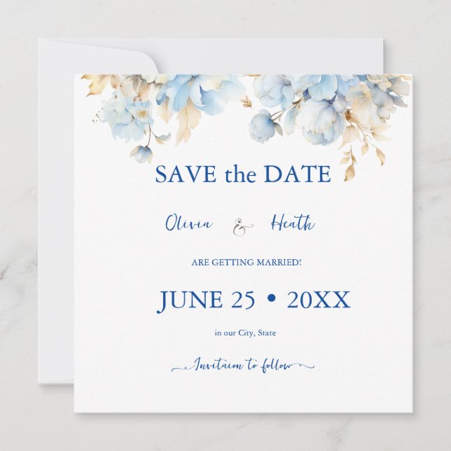 Save The Date Dusty Blue Floral Gold Mariage 2 (Devant)
