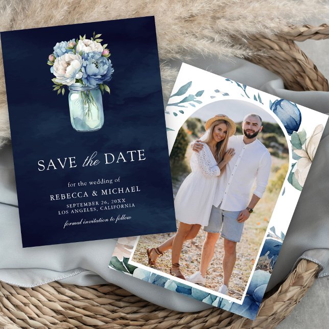 Save The Date Dusty Blue Floral Mason Jar Marine Photo Mariage (Créateur téléchargé)