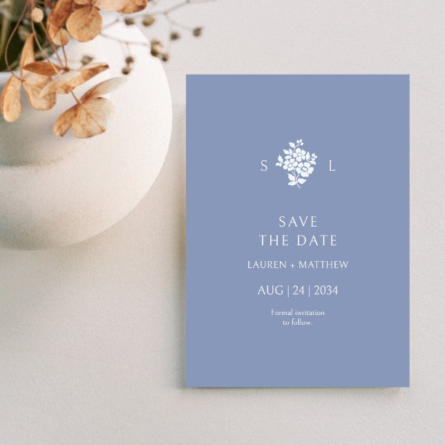 Save The Date Dusty Blue Floral Monogramme Mariage plat (Créateur téléchargé)