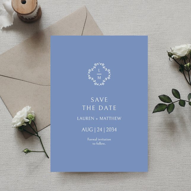 Save The Date Dusty Blue Floral Monogramme Mariage plat (Créateur téléchargé)