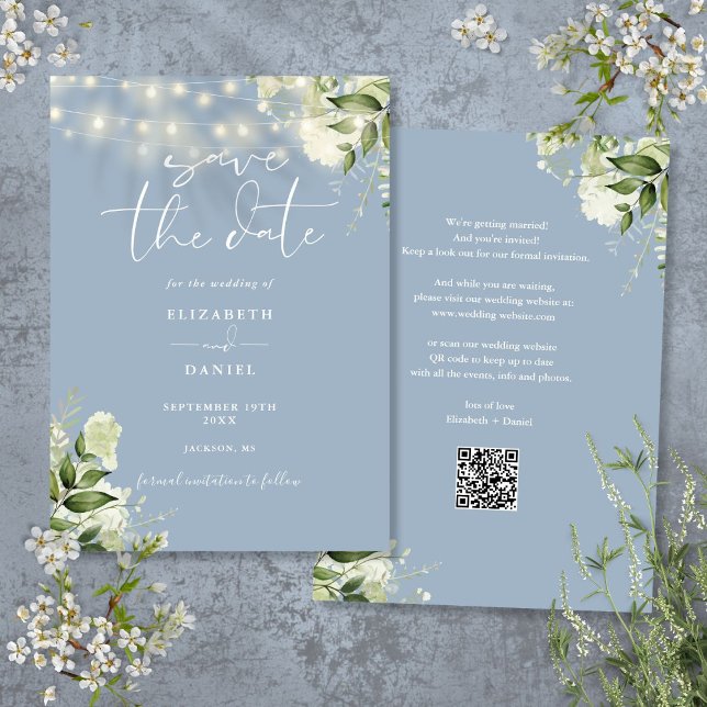 Save The Date Dusty Blue Floral String lights QR Code Mariage (Dusty Blue Floral String Lights QR Code Wedding Save The Date)