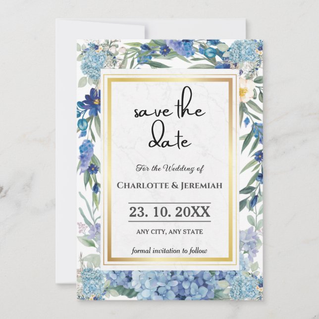 Save The Date Dusty Blue Floral Wreath Aquarelle Verdure (Devant)
