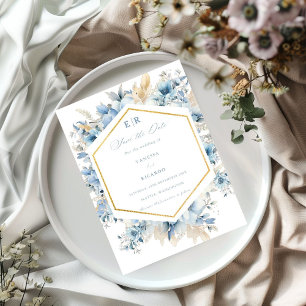 Save The Date Dusty Blue Gold Floral Bloom tout en un Mariage