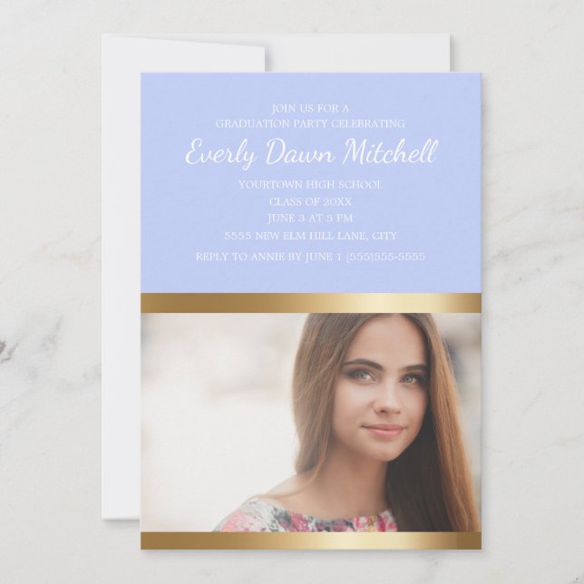 Save The Date Dusty Blue Gold White Stripe Graduation Party (Devant)