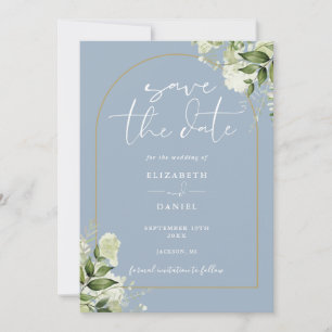 Save The Date Dusty Blue Greenery Gold Arch QR Code Mariage