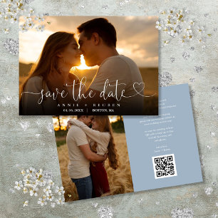 Save The Date Dusty Blue Heart Script Photo Mariage QR Code