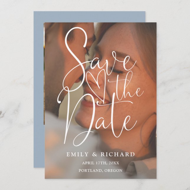 Save The Date Dusty Blue Mariage 2 Photo Élégant Script (Devant / Derrière)