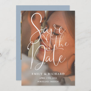 Save The Date Dusty Blue Mariage 2 Photo Élégant Script