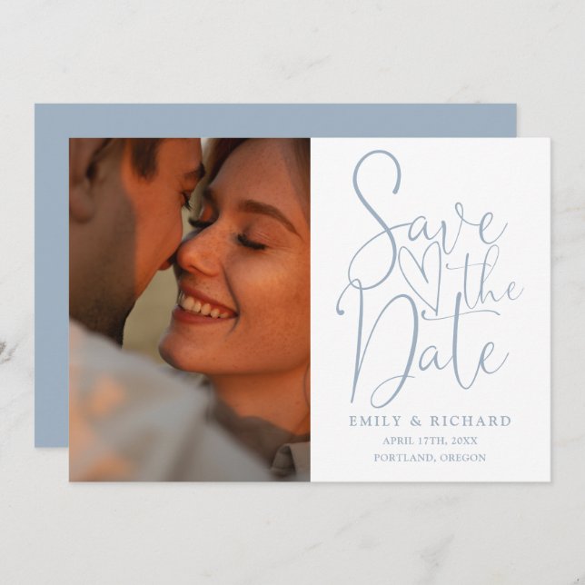 Save The Date Dusty Blue Mariage 2 Photo Élégant Script (Devant / Derrière)