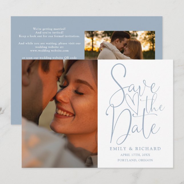 Save The Date Dusty Blue Mariage 2 Photo QR Code Élégant Script (Devant / Derrière)
