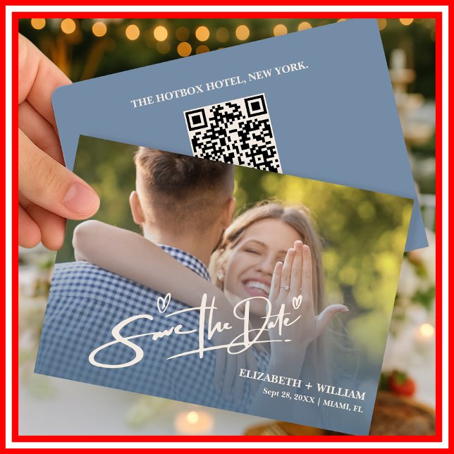 Save The Date Dusty Blue Mariage Photo QR Code Elegant (Créateur téléchargé)