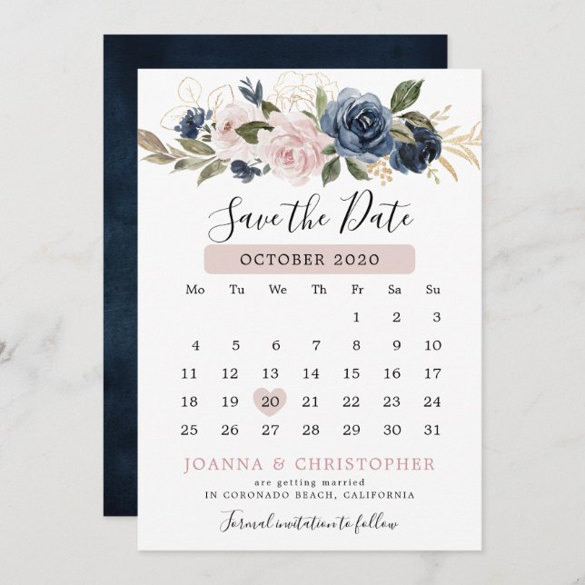 Save The Date Dusty Blue Mauve Rose rose ardoise Mariage floral (Devant / Derrière)