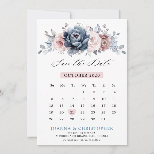 Save The Date Dusty Blue Mauve Rose rose ardoise Mariage floral (Devant)