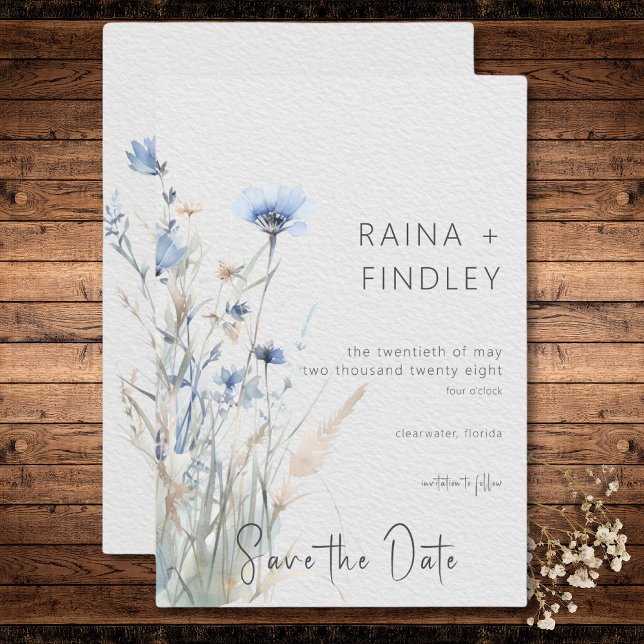 Save The Date Dusty Blue Meadow Fleur sauvage moderne Mariage (Dusty Blue Meadow Wildflowers Modern Wedding Save The Date)