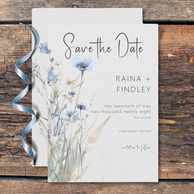 Save The Date Dusty Blue Meadow Fleur sauvage moderne Mariage (Dusty Blue Meadow Wildflowers Modern Wedding Save The Date)