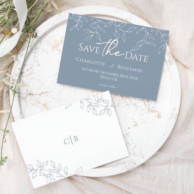 Save The Date Dusty Blue Minimal Leaf Wedding Enregistrer La Dat (Créateur téléchargé)