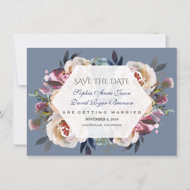 Save The Date Dusty Blue Misty Floral Rose Enregistrer La Date (Devant)