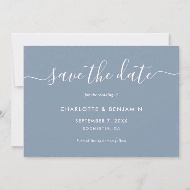 Save The Date Dusty Blue Modern Script Wedding Enregistrer La Da (Devant)