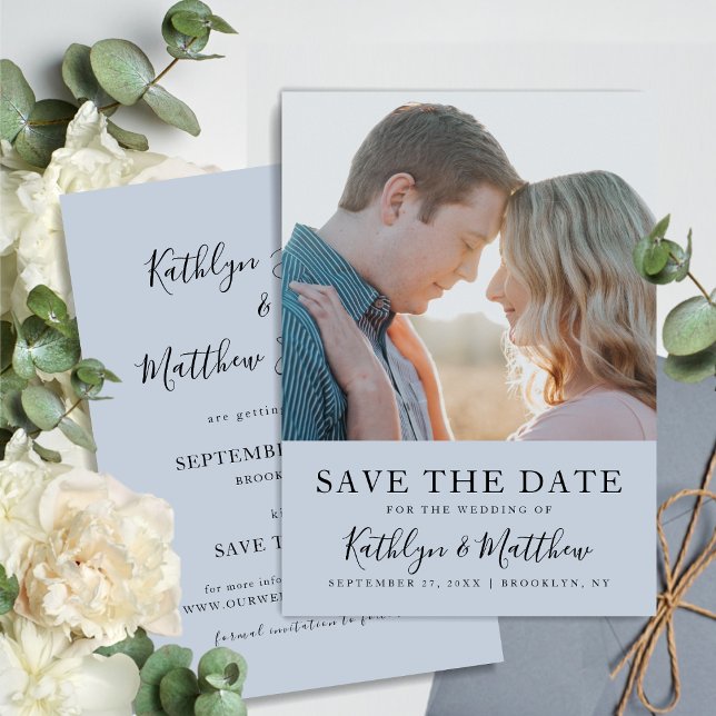 Save The Date Dusty Blue Modern Typographie Simple Mariage photo (Créateur téléchargé)