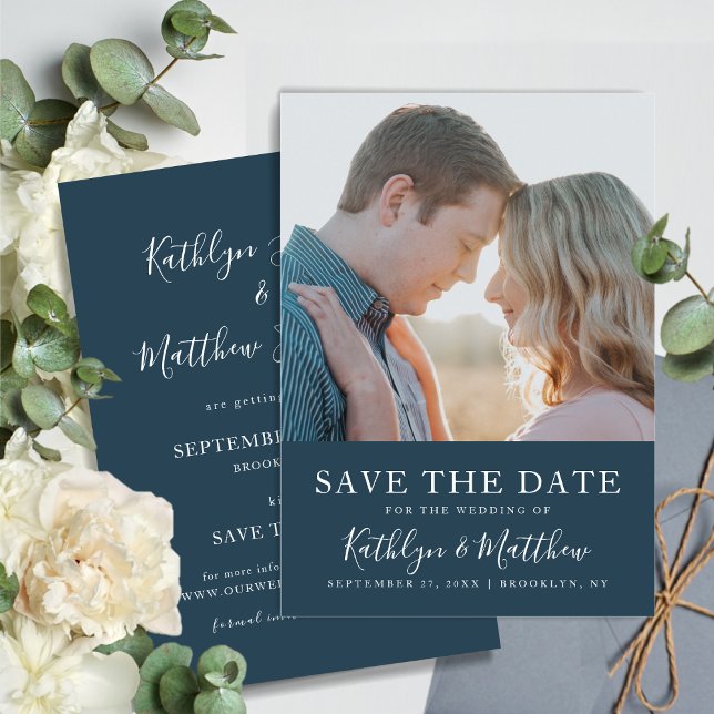 Save The Date Dusty Blue Modern Typographie Simple Mariage photo (Créateur téléchargé)