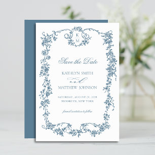 Save The Date Dusty Blue Monogram Elegant Vintage Frame Mariage