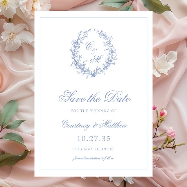 Save The Date Dusty Blue Monogram Mariage de couronne botanique (Créateur téléchargé)