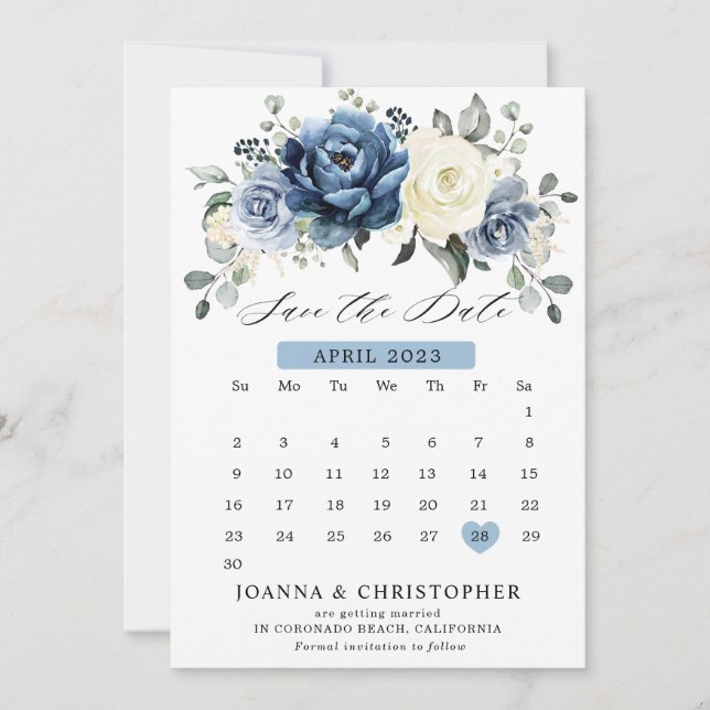 Save The Date Dusty Blue Navy Champagne Ivory Floral Calendrier  (Devant)