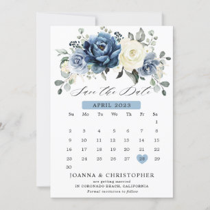 Save The Date Dusty Blue Navy Champagne Ivory Floral Calendrier 