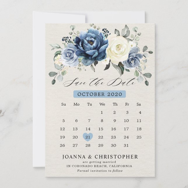 Save The Date Dusty Blue Navy Champagne Ivory Floral Calendrier  (Devant)