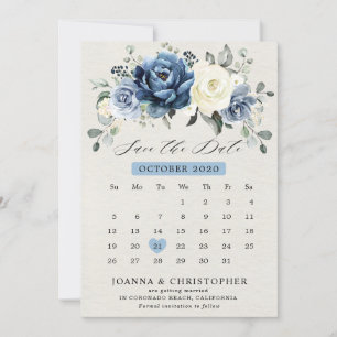 Save The Date Dusty Blue Navy Champagne Ivory Floral Calendrier 