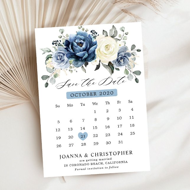 Save The Date Dusty Blue Navy Champagne Ivory Floral Calendrier (Dusty Blue Navy Champagne Ivory Floral calendar Save The Date card)