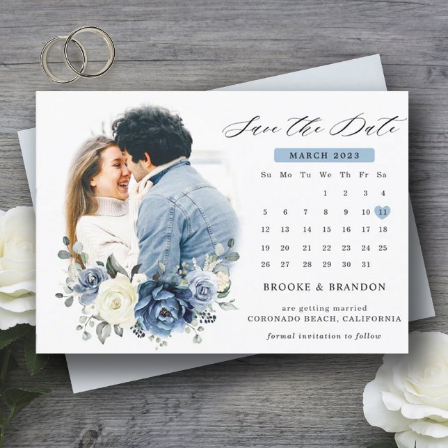 Save The Date Dusty Blue Navy Champagne Ivory Floral Calendrier  (Dusty blue ivory calendar save the date)