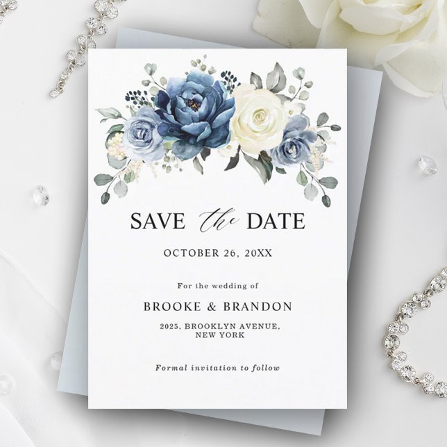 Save The Date Dusty Blue Navy Champagne Ivory Floral Mariage (Dusty blue ivory save the date card)